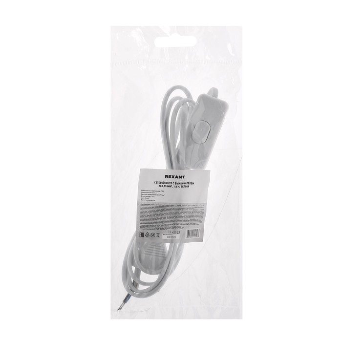 Сетевой шнур REXANT, с выключателем, 1.8 м, 2х0.75 мм2, белый