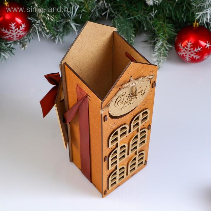 Коробка деревянная, 13.5×11.5×36.5 см Коробка деревянная, 13.5×11.5×36.5 см "Новогодняя. Домик", подарочная упаковка, мокко