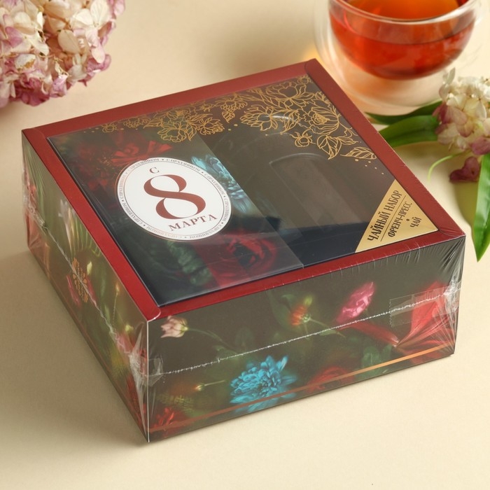 Набор &laquo;С 8 марта&raquo;: чай чёрный со вкусом мяты 100 г., френч-пресс