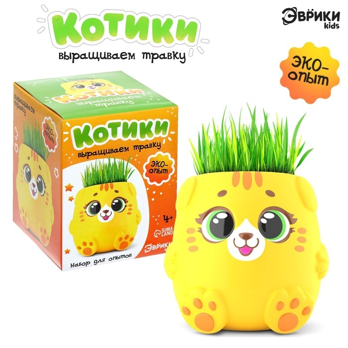 Набор для опытов &laquo;Котики. Выращиваем травку&raquo;, жёлтый горшочек
