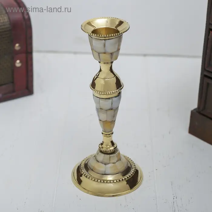 Подсвечник с перламутром "Замок" на 1 свечу, латунь 7,5х7,5х17 см