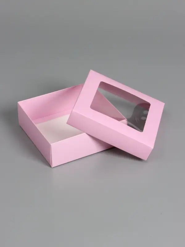 Коробка складная, крышка-дно,с окном, розовая, 15 х 15 х 5 см