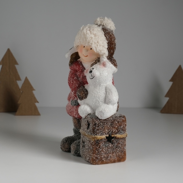 Сувенир керамика свет "Малышка в красном пальто, с мишкой на подарке" 12х6,5х20 см