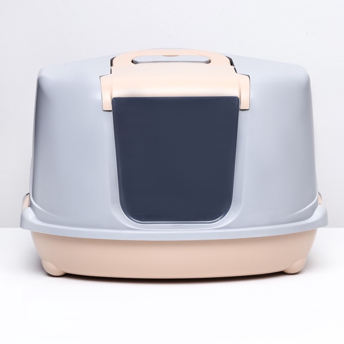 Туалет-домик угловой для кошек закрытый с дверцей 57*46*37 см, бежево-серый