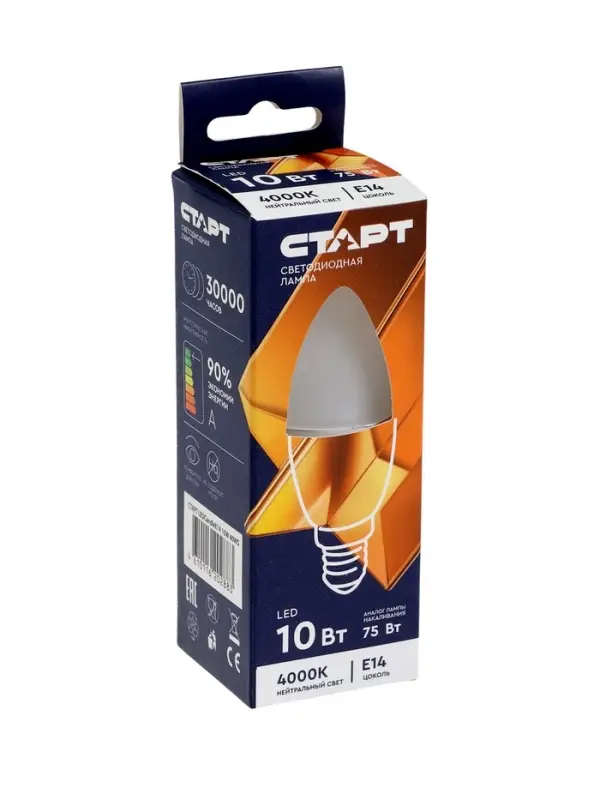 Лампа светодиодная СТАРТ, 10 Вт, Е14, С37, 4000К, 800 Лм, холодный (нейтральный) свет