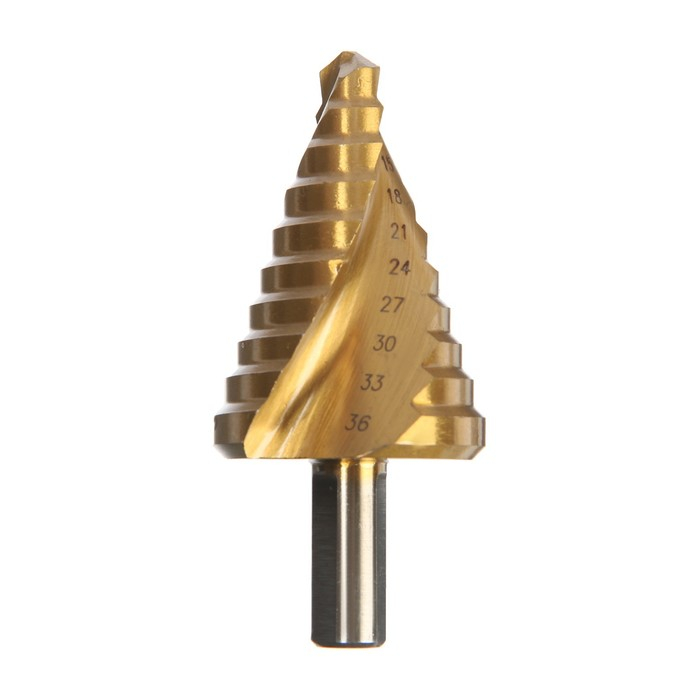 Сверло ступенчатое ТУНДРА ПРОФИ, HSS, TiN, спиральный профиль, трехгран. хвостовик, 9-36 мм Сверло ступенчатое ТУНДРА ПРОФИ, HSS, TiN, спиральный профиль, трехгран. хвостовик, 9-36 мм