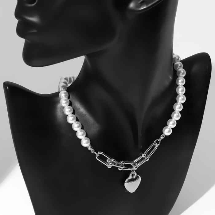 Колье с жемчугом «Сердце», цвет белый в серебре, 37 см Колье с жемчугом «Сердце», цвет белый в серебре, 37 см