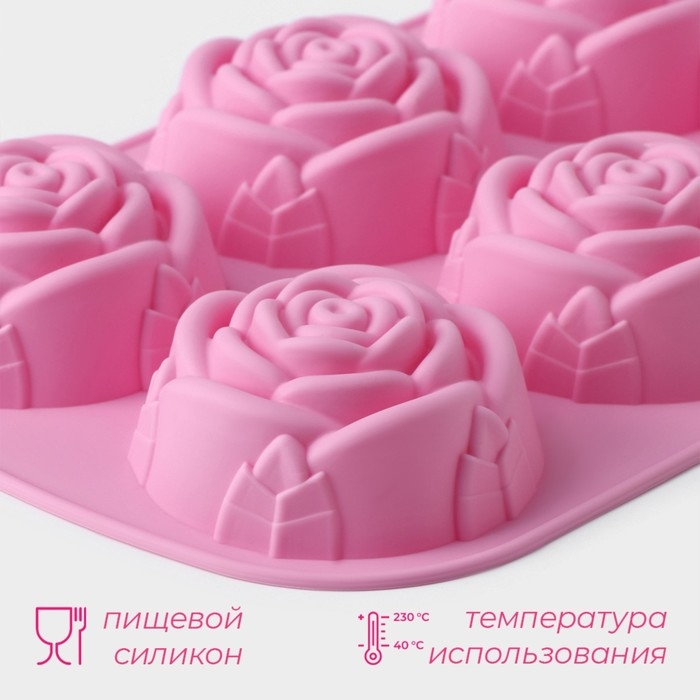 Форма для выпечки Доляна &laquo;Роза&raquo;, силикон, 25,5&times;17,5 см, 6 ячеек, цвет розовый