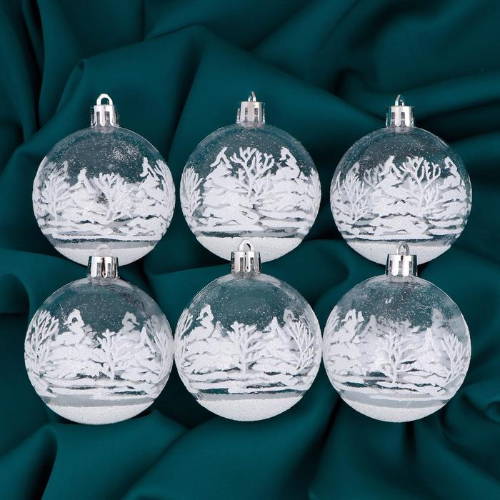 Набор шаров пластик d-6 см, 6 шт "Изморозь" зимний лес, белый