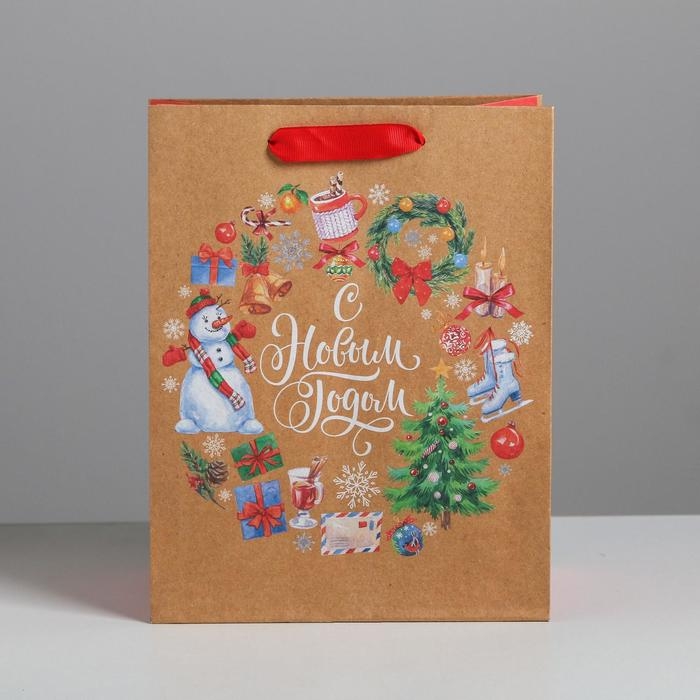 Пакет подарочный новогодний крафтовый вертикальный «Венок», MS 18 х 23 х 10 см, Новый год Пакет подарочный новогодний крафтовый вертикальный «Венок», MS 18 х 23 х 10 см, Новый год