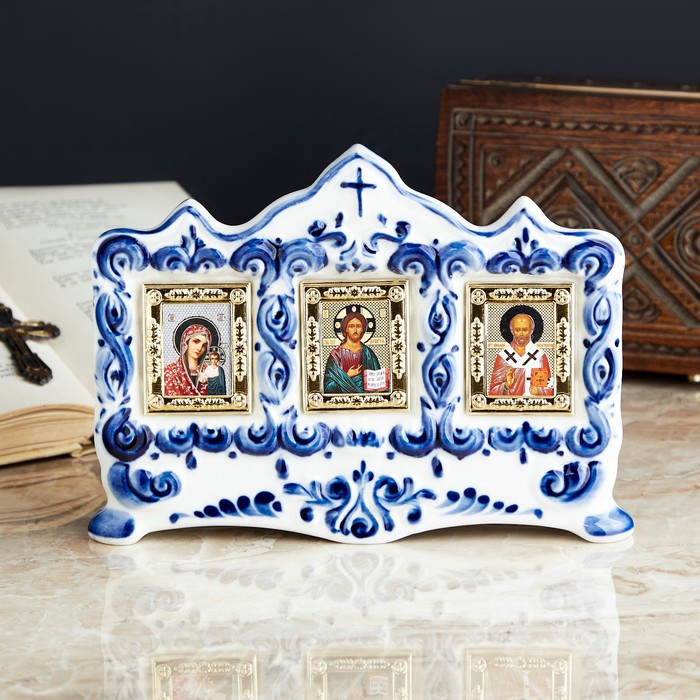 Киот настольный, на 3 иконы, 13,5&times;20 см, гжель
