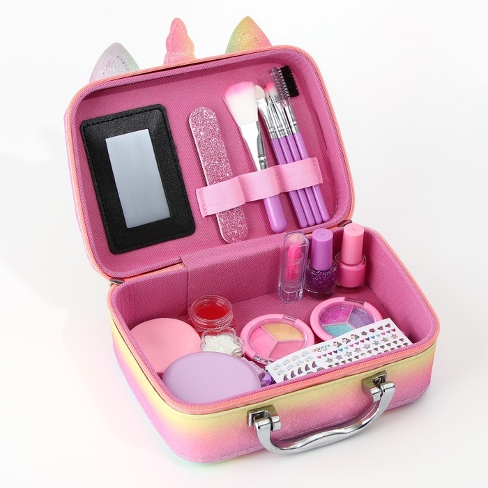 Набор детской косметики в чемодане &laquo;Единорожка&raquo;, тени, резинки для волос, блески для губ, глиттер, украшения, лаки для ногтей, наклейки, пилочка, расчёска, кисти, косметичка