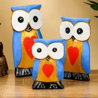 Набор сувенирный "Совята с сердечком" дерево H 15, 13, 11 см, цв. голубой с золотом