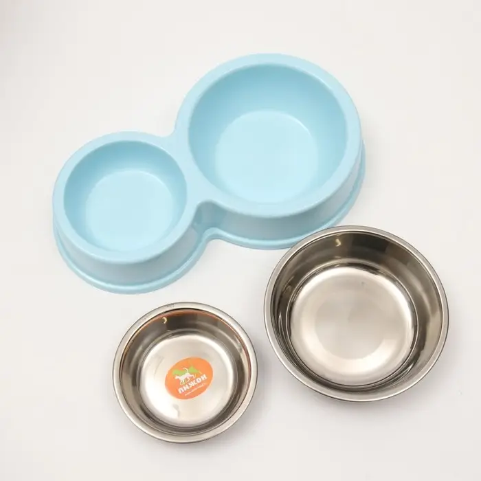 Миска металлическая двойная на пластиковом основании, 28 х 17,3 х 5 см, голубая