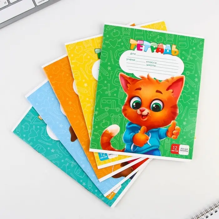 Тетрадь в косую линейку 12 листов, А5, на скрепке, 5 видов, белизна 96%, МИКС