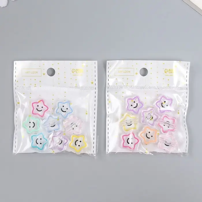 Бусина пластик "Весёлая звезда с цветной обводкой" глянец МИКС 2х2х0,8 см