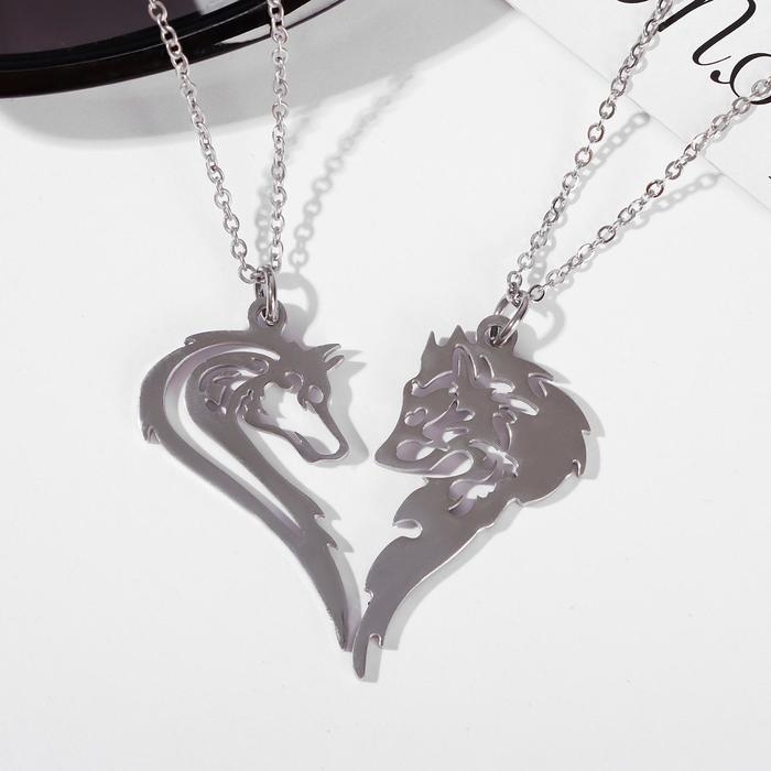 Кулоны &laquo;Неразлучники&raquo; волк и волчица, цвет серебро, 45 см