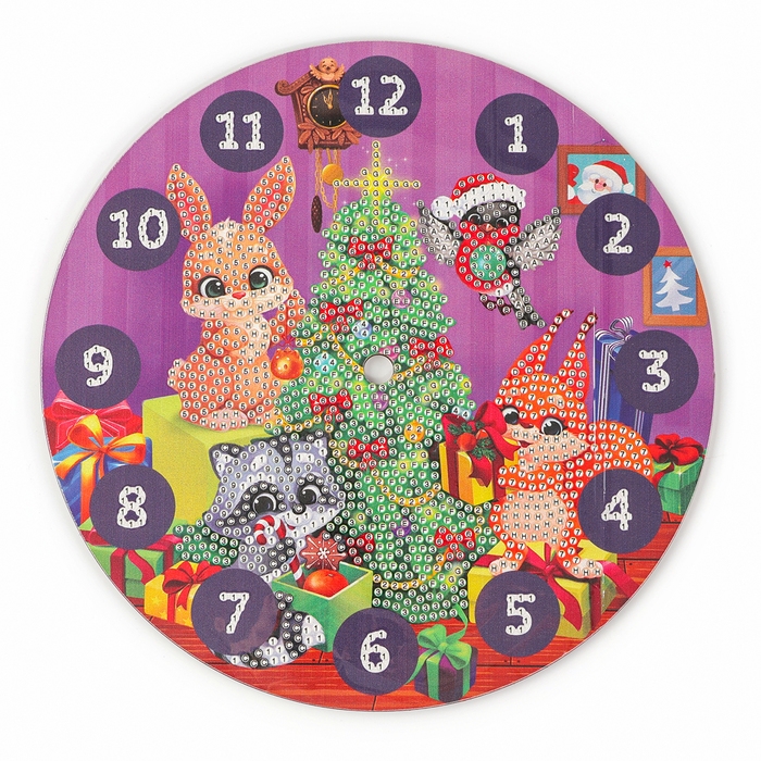 Алмазная мозаика на новый год для детей с частичным заполнением на часах &laquo;Лесные зверята&raquo;, 20 х 20 см, новогодний набор для творчества