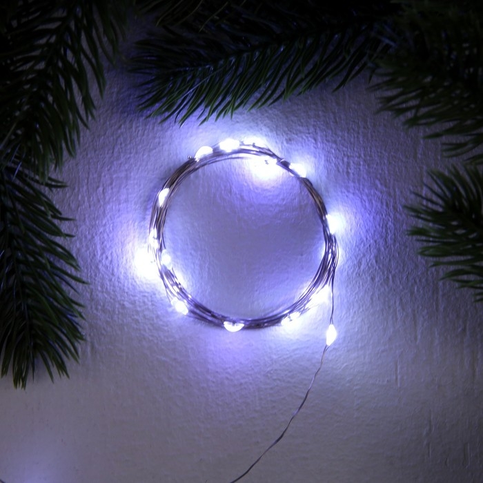 Гирлянда &laquo;Нить&raquo; 2 м роса, IP20, серебристая нить, 20 LED, 3 режима, батарейки AG13х3 (в комплекте), свечение белое