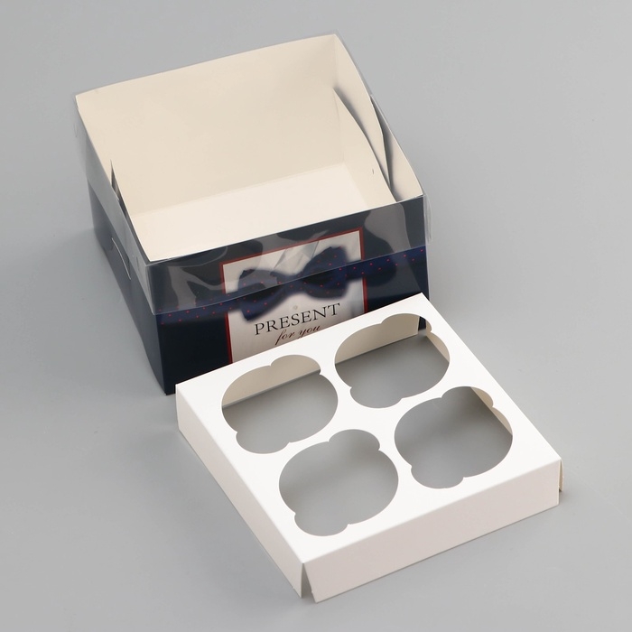 Коробка для 4 капкейка с прозрачной крышкой, "Мужской дляарок", 16 &times; 16 &times; 10 см, кондитерская упаковка