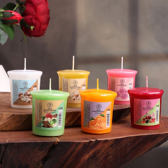 Свеча ароматическая Свеча ароматическая "Пион, Апельсин, Кокос, Яблоко с корицей, Вишня, Ваниль" набор 6 в 1