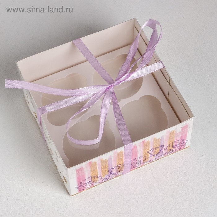 Коробка для капкейков, кондитерская упаковка, 4 ячейки &laquo;Flower patterns&raquo;, 16 х 16 х 7.5 см