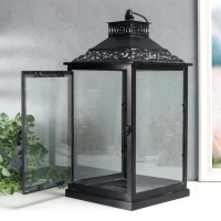 Подсвечник металл, стекло "Этна" чёрный набор 2 шт 19х19х39 см, 14х14х27 см