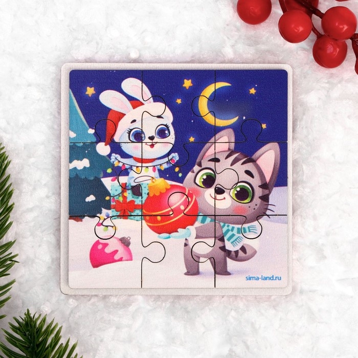 Дервянные пазлы на новый год &laquo;Зайка и котик&raquo;