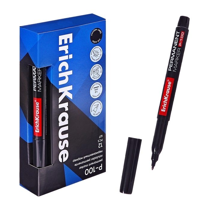 Маркер перманентный ErichKrause P-100, 0.5-1.2 мм, чернила на спиртовой основе светостойкие, водостойкие без ксилола, чёрный Маркер перманентный ErichKrause P-100, 0.5-1.2 мм, чернила на спиртовой основе светостойкие, водостойкие без ксилола, чёрный