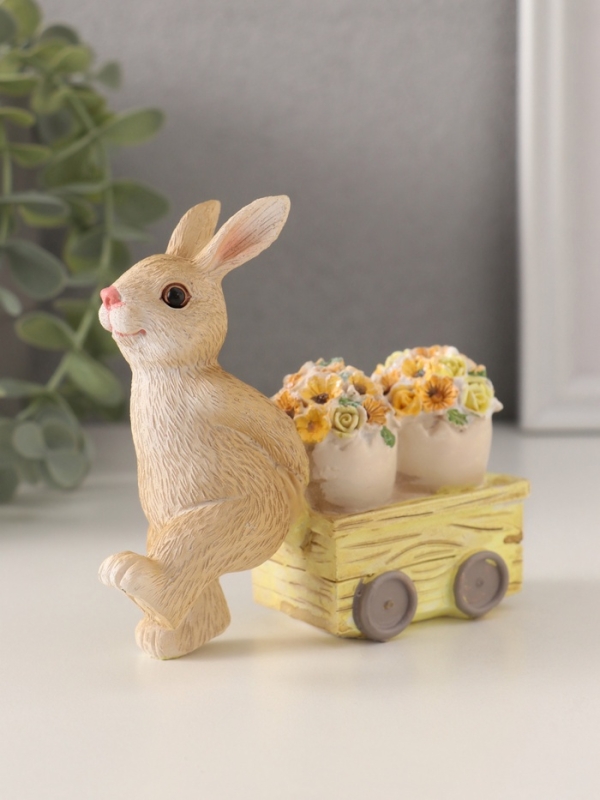 Сувенир полистоун "Зайчик везёт цветочные горшки на тележке" 11х4х10 см