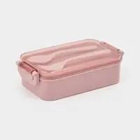 Ланч-бокс, 2 отделения, 2 яруса, с вилкой и ложкой, бутылкой 500мл,20х17х5,5 см,цвет розовый   10949