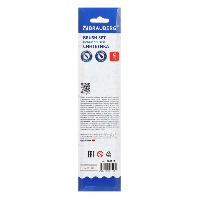 Набор кистей, синтетика, 5 штук, BRAUBERG (круглая, № 1, 2, 5, плоская № 5, 8), блистер