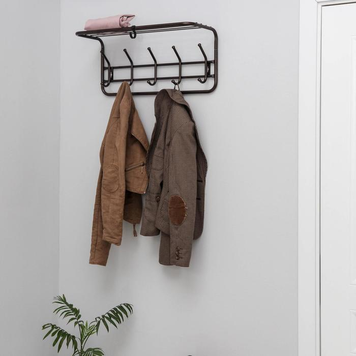 Вешалка настенная с полкой на 5 крючков, 60&times;22&times;26,5 см, цвет медный антик