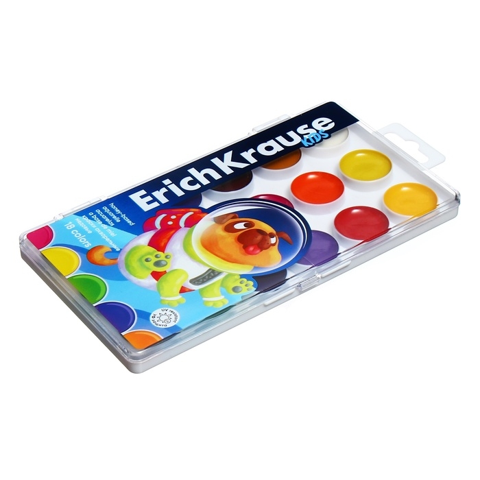 Акварель 18 цветов, ErichKrause Kids Space Animals, медовая, с УФ защитой яркости, пластиковая коробка, европодвес