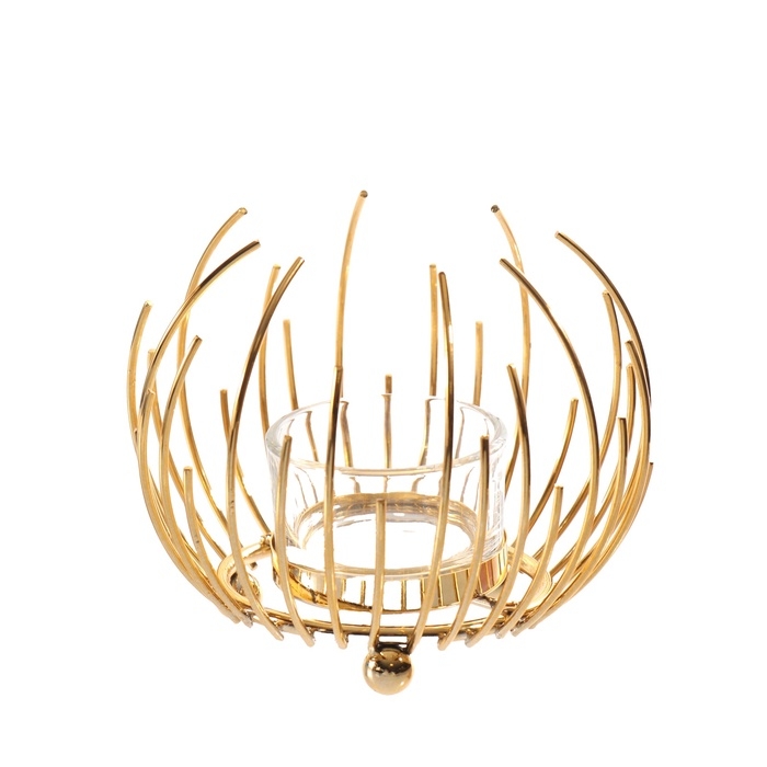 Подсвечник металл, стекло на 1 свечу "Золотой цветок из прутьев" d=4,5 см 12х12х9 см