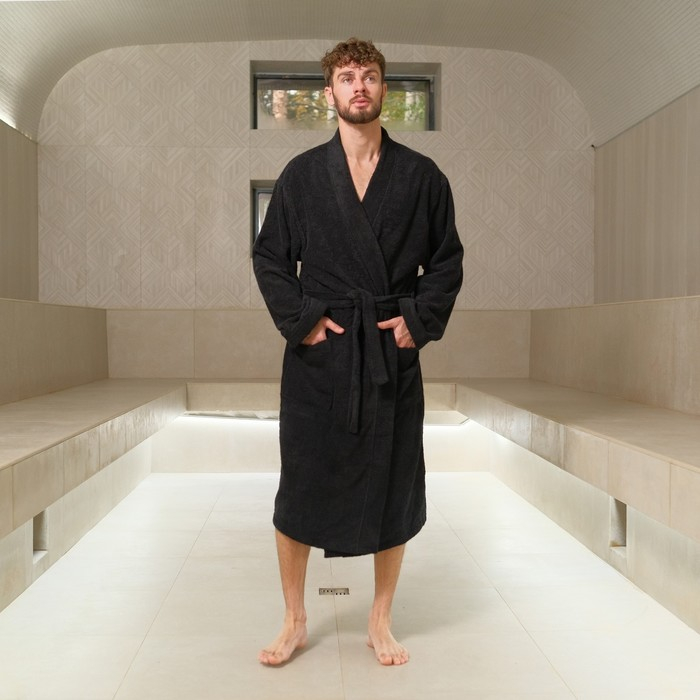 Халат махровый Экономь и Я, мужской размер 48-50 цвет чёрный, 100% хлопок с AIRO, 320 г/м2 Халат махровый Экономь и Я, мужской размер 48-50 цвет чёрный, 100% хлопок с AIRO, 320 г/м2