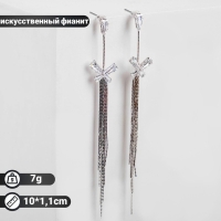 Серьги висячие со стразами "Искры" бантик с нитями, цвет белый в серебре Серьги висячие со стразами "Искры" бантик с нитями, цвет белый в серебре