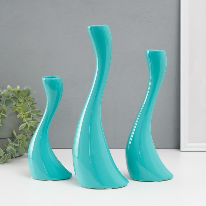 Подсвечник керамика на 1 свечу  "Волна" d=2,5 см, бирюза, набор 3 шт h=20, 25 и 30 см