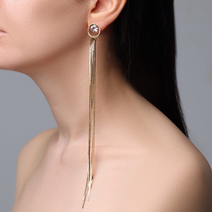 Серьги висячие со стразами «Голливуд» кольца с нитями, цвет белый в золоте, 19,5 см Серьги висячие со стразами «Голливуд» кольца с нитями, цвет белый в золоте, 19,5 см