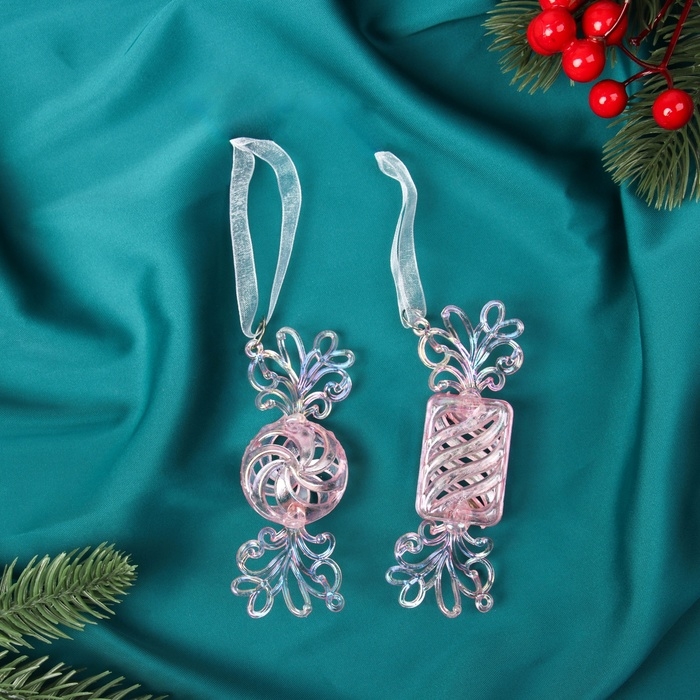 Набор ёлочных игрушек 2 шт. &laquo;Зимнее волшебство. Ажурные конфеты&raquo; пластик, 9,5х3,5 см, сиреневый перелив