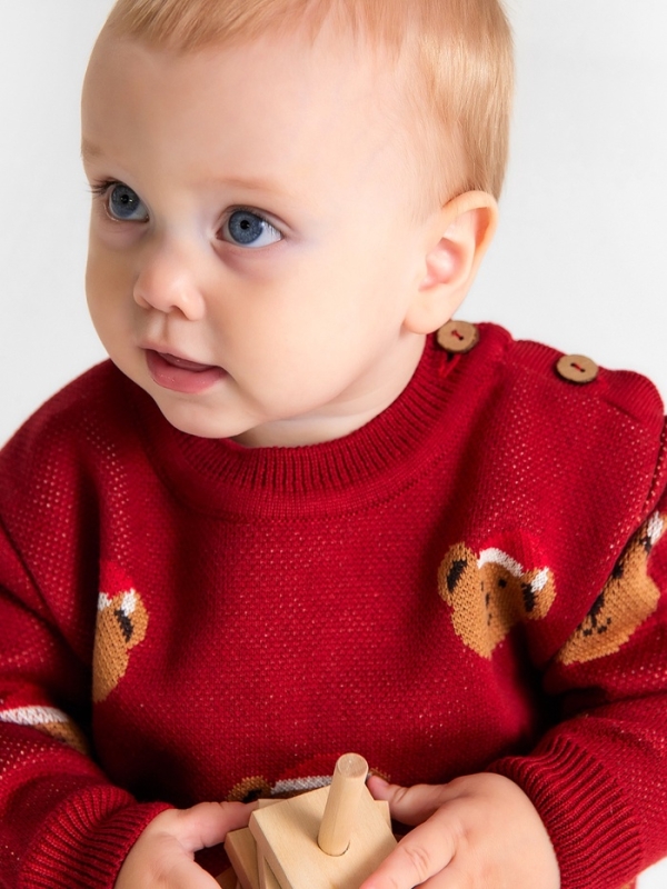 Джемпер вязаный новогодний Крошка Я "Новогодние медвежата" рост 92-98 см, цвет красный