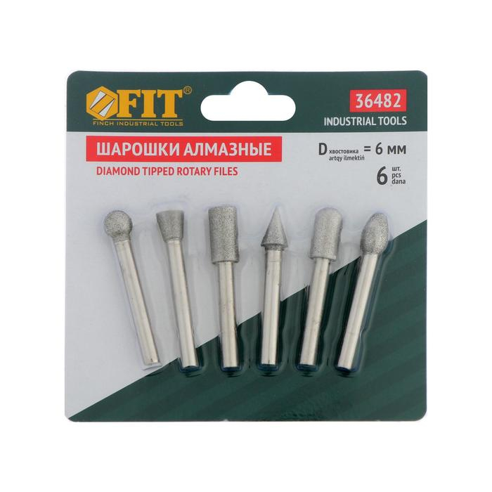 Набор шарошек FIT 36482, усиленная сталь с алмазным напылением, штифт 6 мм, 6 шт. Набор шарошек FIT 36482, усиленная сталь с алмазным напылением, штифт 6 мм, 6 шт.