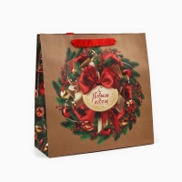 Пакет подарочный новогодний крафтовый квадратный &laquo;Новогодний венок&raquo;, 30 х 30 х 12 см , Новый год