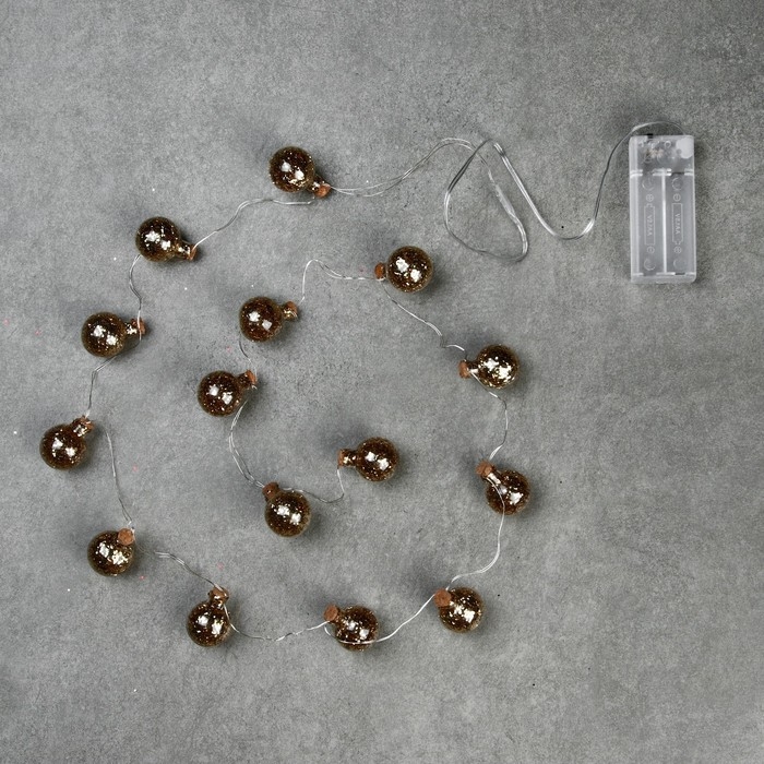 Гирлянда &laquo;Нить&raquo; 1.6 м с насадками &laquo;Шарики с золотистым конфетти&raquo;, IP20, серебристая нить, 15 LED, батарейки ААх2 (нет в комплекте), свечение тёплое белое