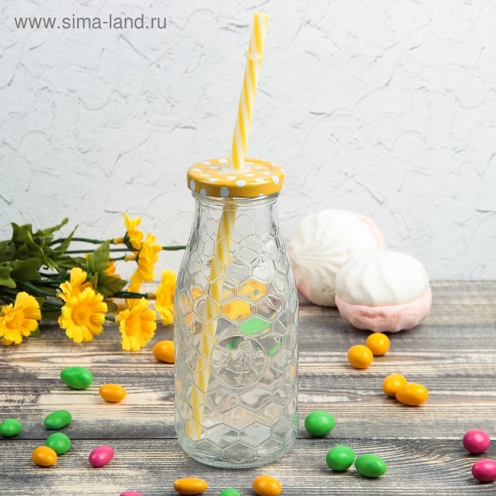 Бутыль стеклянная с крышкой и трубочкой &laquo;Соты&raquo;, 300 мл, 6,5&times;15,5 см, цвет МИКС