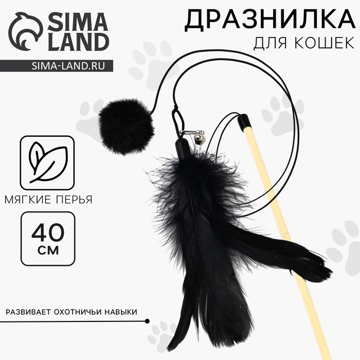 Игрушка дразнилка для кошек с пером и помпоном &laquo;Кошечка&raquo;, черный