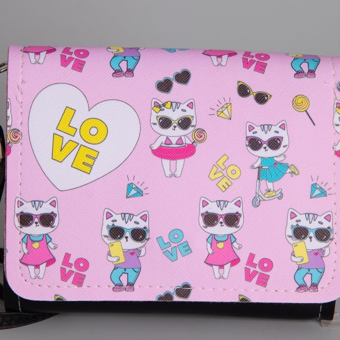 Сумка детская для девочки Сумка детская для девочки "Кошечка", на клапане, цвет чёрный/розовый, 15х4х12 см
