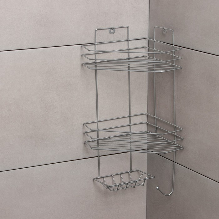 Полка угловая с мыльницей и вешалкой 2-х ярусная, 25,5&times;42,5 см, цвет хром