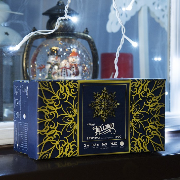 Гирлянда &laquo;Бахрома&raquo; 3 &times; 0.6 м, IP44, УМС, белая нить, 160 SMD-LED, свечение белое, 220 В