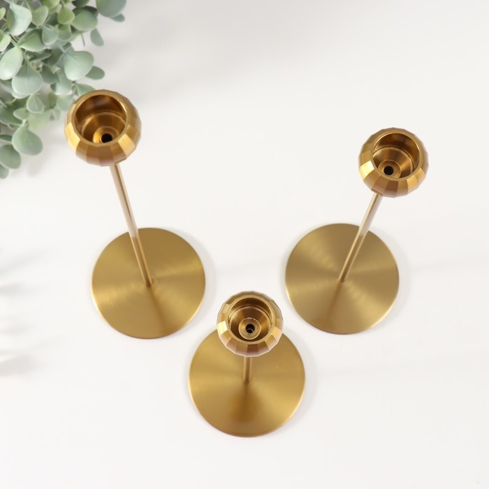 Подсвечник металл "Шар с гранями" тёмное золото d=2 см, набор 3 шт h=32 см, 27 см, 22 см